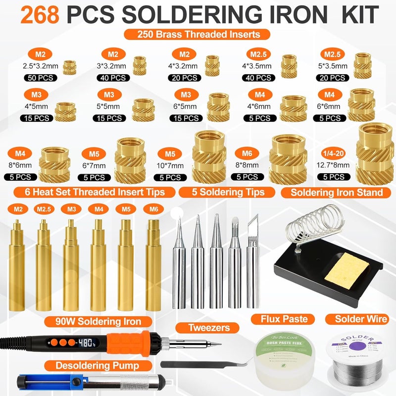 BILIPLE 90W Soldering Iron Heat Set Insert Tool, LED Digital Solder Iron Adjustable Temperature(180°C-480°C) with 250Pcs Threaded Inserts Brass Nuts,Soldering Iron Tips,Heat Set Insert Tips,Desoldering Pump - Image 3